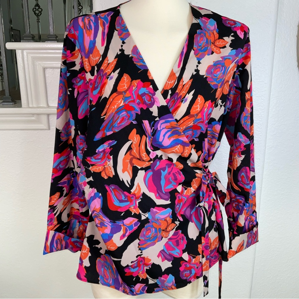 Topshop Black Floral Wrap Blouse with Pink, Orange & Purple Accents
